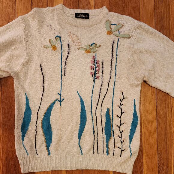 Vintage Capriccio Floral Embroidered Grandma Sweater Cream Boho Cottagecore Sz M - Picture 4 of 10